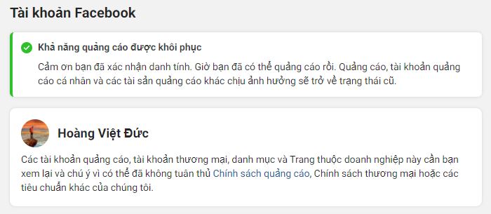 khả năng quảng cáo được khôi phục kháng nghị facebook