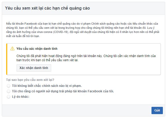 yêu cầu xác minh danh tính facebook trước khi kháng nghị mở hạn chế quảng cáo