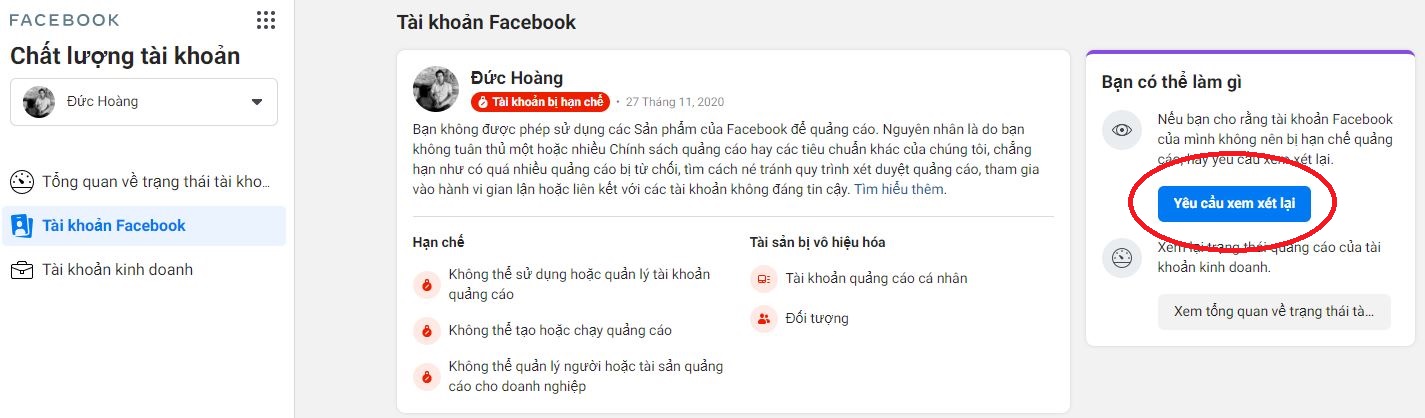 yêu cầu xem xét lại tài khoản Facebook cá nhân bị hạn chế quảng cáo